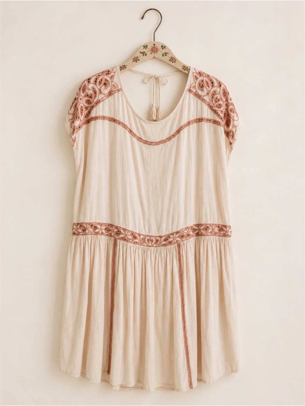 Free People Ayu Nude Floral Cutout Tunic Dress Medium Boho Festival Oversized - Picture 7 of 12
